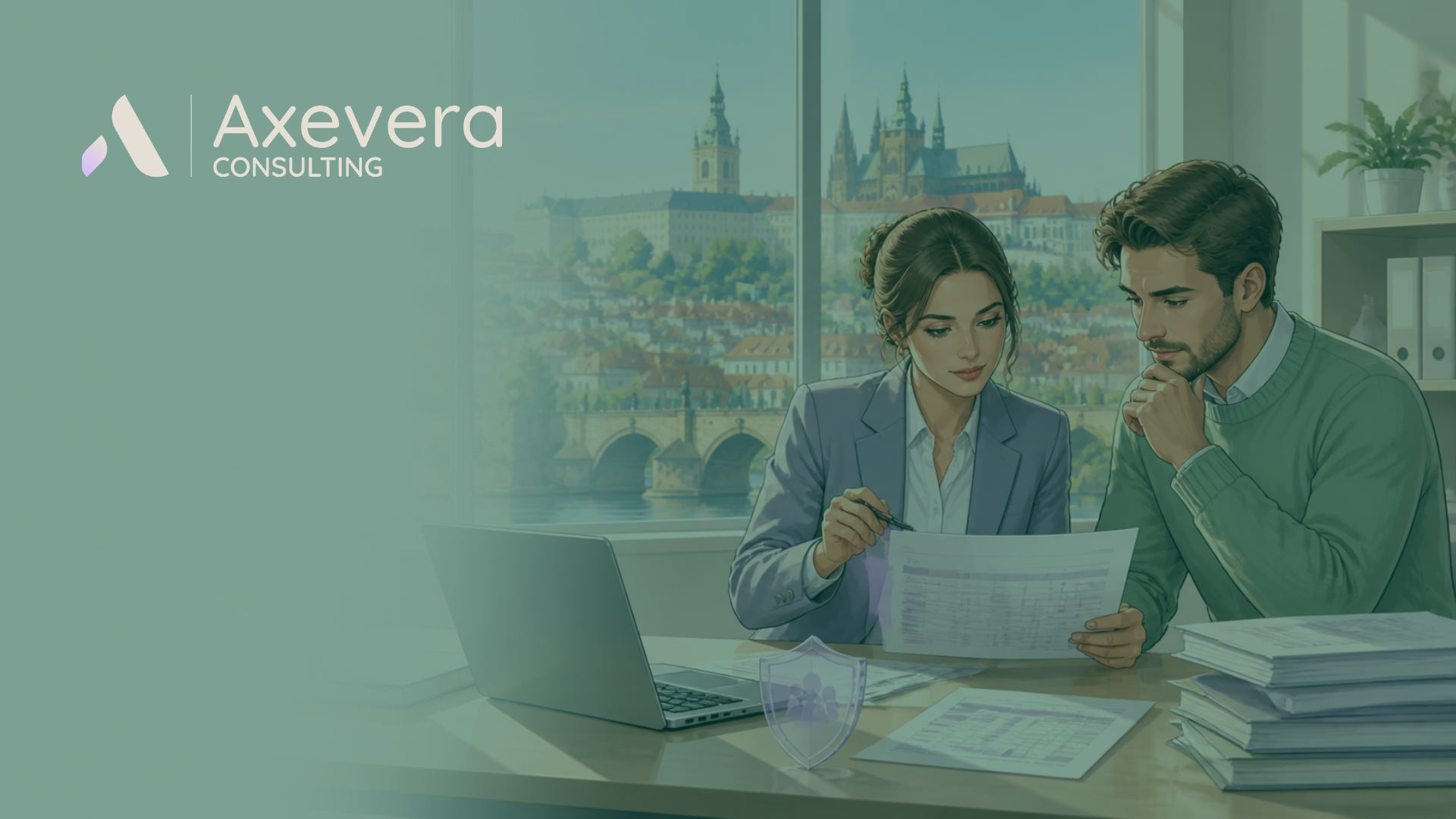 JMHZ 2027: two professionals review payroll documents in a Prague office