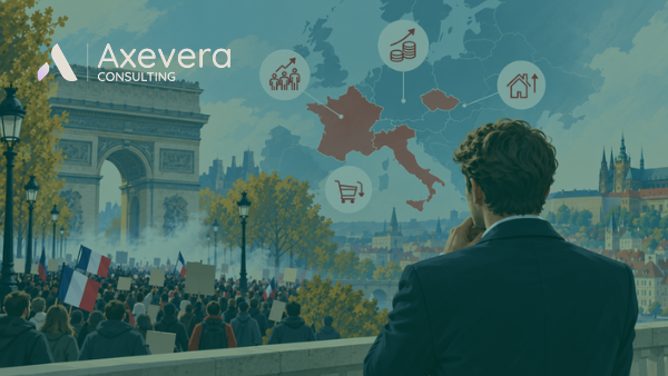 Illustrazione IA delle proteste contro il caro vita in Europa, con Parigi, Praga e le pressioni economiche.